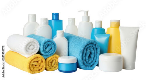 Spa and bath products with rolled towels with isolated on transparent background