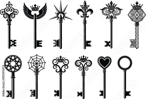 Ornamental fantasy keys collection, decorative vintage silhouettes, crown, wings, fleur-de-lis, spider web, heart, star, geometric, symbolic art