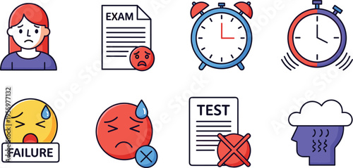 Exam Stress and Failure Icon Set with Student Anxiety, Test Results, Alarm Clock, Deadline Pressure and Negative Emotions Vector Illustration Collection