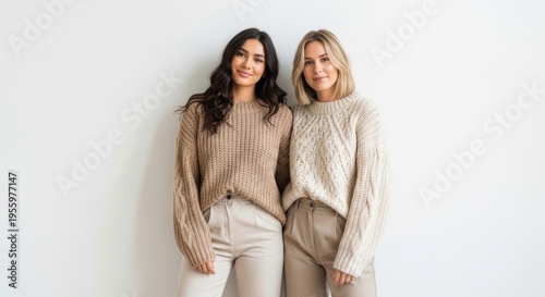 Two smiling women in beige sweaters and white pants stand side by side against a plain wall