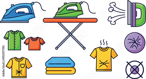 Ironing and Laundry Care Icon Set with Clothes Iron, Ironing Board, Wrinkle Removal, Fabric Care, Folded Clothes and Heat Damage Symbols Vector Illustration