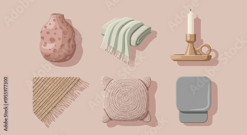 Flat illustration of home decor items on a table includes glassware and towels