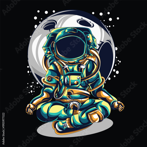 Meditating Astronaut in Lotus Pose with Full Moon Background - Zen Cosmic Space Illustration