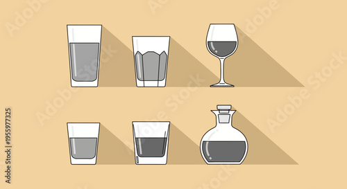 The illustration displays various types of drinks on a table with glasses and a decanter.