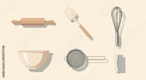 Illustration shows various kitchen utensils and tools neatly arranged on a flat surface