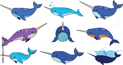 Narwhal Whale Set with Different Poses and Colors Arctic Marine Animal Collection with Long Tusk, Swimming and Cute Cartoon Vector Illustration