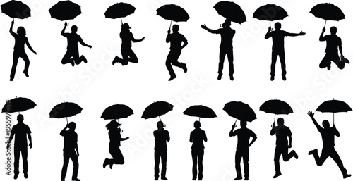 People holding umbrella silhouettes set, men and women jumping and standing in rain protection, weather lifestyle illustration icons