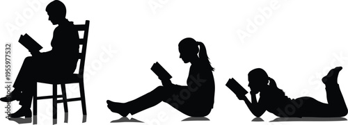 People reading books silhouettes set, man and woman reading sitting and lying, education learning concept, reader lifestyle illustration