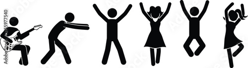 People silhouettes dancing and playing guitar, happy celebration party activity icons, music entertainment and fun lifestyle illustration