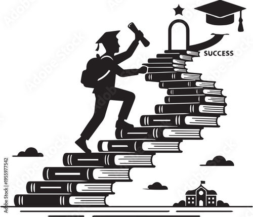 Silhouette of a student climbing a staircase made of books toward success and graduation

