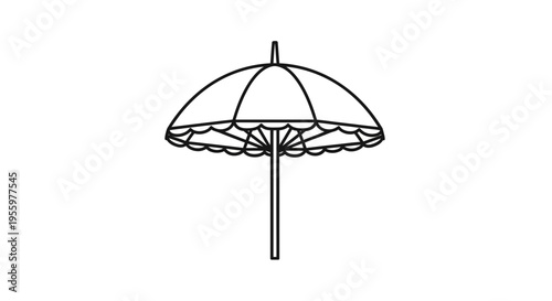 Black and White Outline Drawing of an Open Umbrella with a Decorative Edge