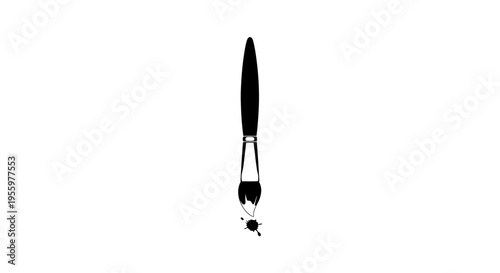 Black Paintbrush Dripping Ink on White Background - Artistic Creation Concept