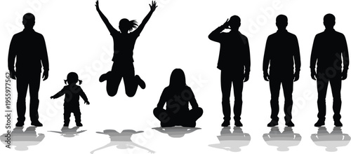 People silhouettes set with man woman child standing jumping sitting and saluting figures isolated black collection