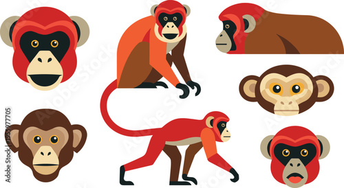 Set of Monkey Faces and Full Body Poses Cartoon Primates Collection with Different Expressions, Red Fur Monkeys Vector Illustration for Wildlife and Animal Design