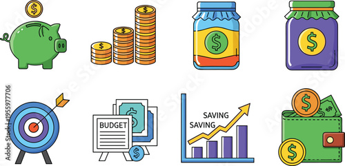 Savings and Budget Finance Icon Set with Piggy Bank, Money Jar, Coins, Wallet, Target Goal and Financial Growth Chart Vector Illustration Collection