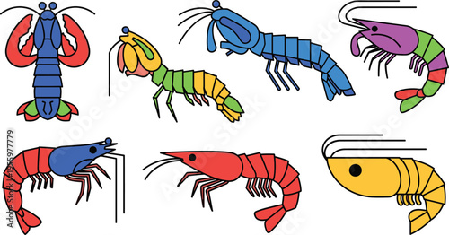 Shrimp and Lobster Sea Food Set with Different Colors and Species Marine Crustaceans Collection Vector Illustration for Ocean, Seafood and Aquatic Design