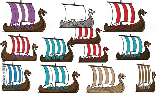Collection of viking longship illustrations featuring various wooden drakkar boat designs with colorful sails and dragon heads for nordic history and nautical vector sets.