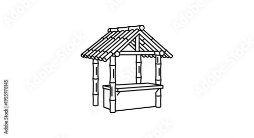 Bamboo Market Stall with Thatched Roof, Hand-Drawn Sketch Style