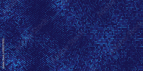 Blue luminous dot texture with curved halftone grid. Abstract dark navy background, modern technology wallpaper