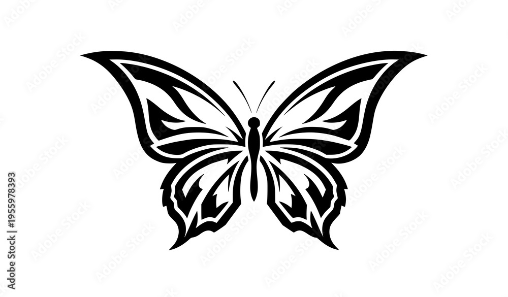 Fototapeta premium Minimal Tribal Butterfly Tattoo Black White Symmetrical Vector Illustration