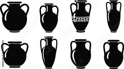Collection of ancient greek amphora and pottery silhouettes featuring various vase shapes for museum history design botanical vector illustrations cad drawing sets.