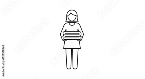 Woman holding stack of folded clean towels, laundry service icon, domestic chores concept