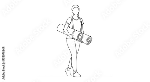 Woman holding yoga mat, fitness, healthy lifestyle, line art