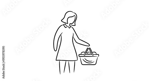 Woman with shopping basket, simple line drawing, grocery shopping concept