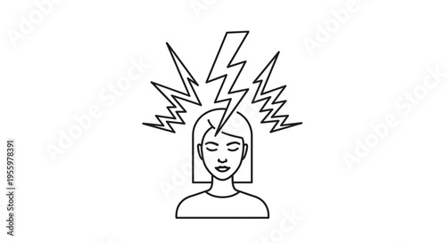 Woman with lightning bolts above head, symbolizing stress, headache, or mental overload