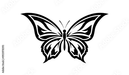 Minimal Tribal Butterfly Tattoo Black White Symmetrical Vector Illustration