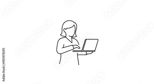 Woman Working on Laptop Computer, Minimalist Line Art Illustration