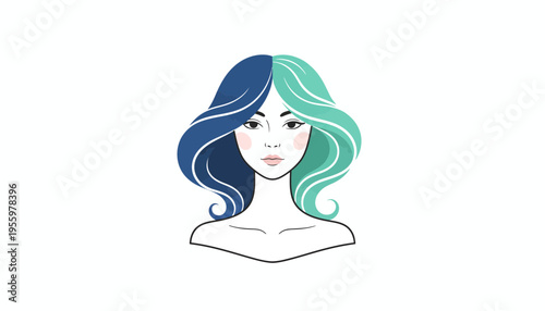 Woman with Two-Tone Hair: Blue and Teal Waves, Elegant Portrait