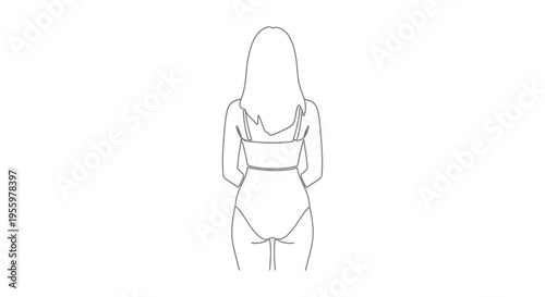 Woman's back in swimsuit, minimalist line art, rear view, summer fashion, clean design