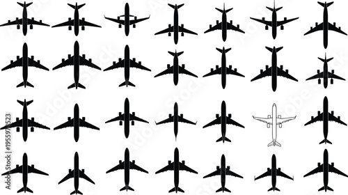 Black silhouette vector illustration of airplanes viewed from above with multiple variations, symbolizing aviation, transportation, and pattern recognition design themes