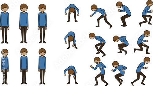 Cartoon vector illustration of human running motion sequence with standing, crouching, and sprinting poses, symbolizing biomechanics, animation frames, and physical activity themes