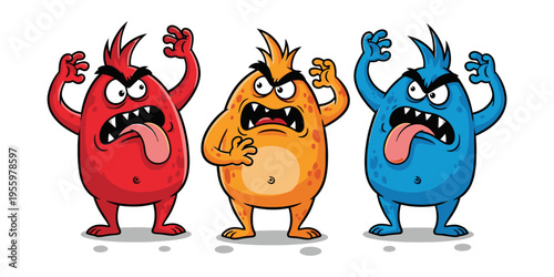 Three colorful cartoon monsters expressing emotions.