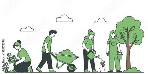 People planting and taking care of a tree.