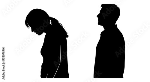 Silhouette of two individuals standing in quiet contemplation and separation Vector, illustration