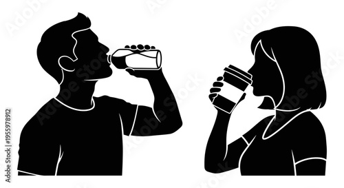 Two people drinking beverages from different containers in a casual setting Vector, illustration