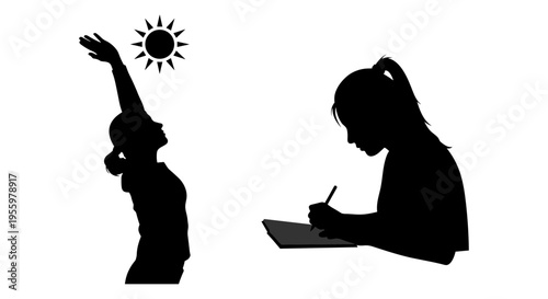 A child reaching for the sun and an adult engaged in writing or studying. Vector, illustration