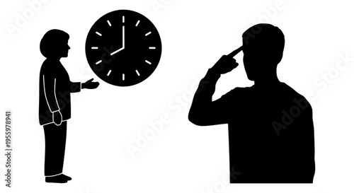 A young boy pointing at a clock while an adult contemplates the passage of time Vector, illustration