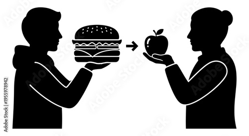 Healthy choice substitution from burger to apple between two people Vector, illustration