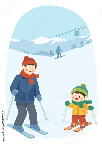 親子で楽しむスキー体験 冬の雪山レジャーイラスト、Father and Child Skiing Together Winter Snow Mountain Leisure Illustratio