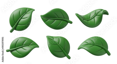 six 3d rendered green leaves arranged on a white background nature eco or design concepts