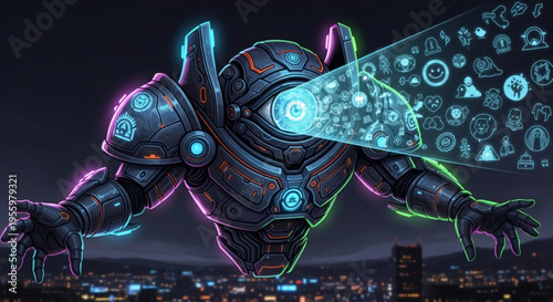 Futuristic robot with glowing neon lights flying over cityscape at night with digital projection