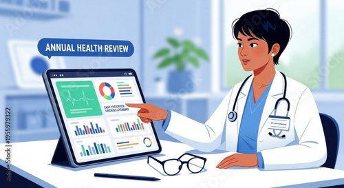 Doctor presenting annual health review on tablet in modern medical office with graphs and charts