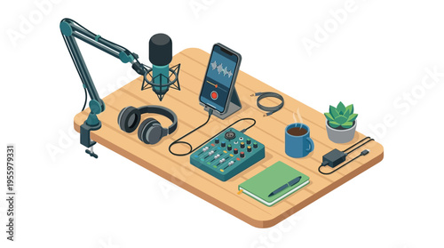 Isometric illustration of a modern podcasting and audio recording studio setup on a wooden desk, ideal for digital content creation.