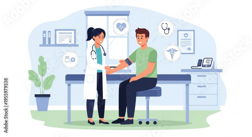 Doctor checks patient's arm in a medical office with a blood pressure cuff