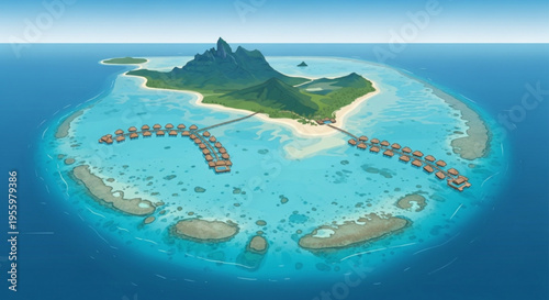 Tropical island resort with overwater bungalows and lush green mountain serene ocean getaway