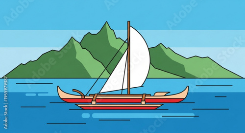 Traditional sailboat on calm waters with mountainous island background